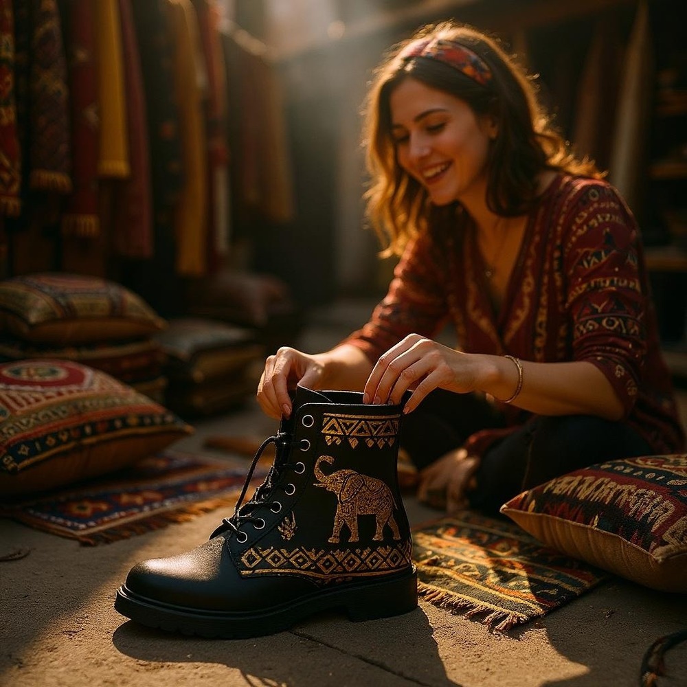 Unisex Tribal Elephant Boots‎ Vegan Friendly PU Leather Lace Up Waterproof M6 F8 - Picture 2 of 9
